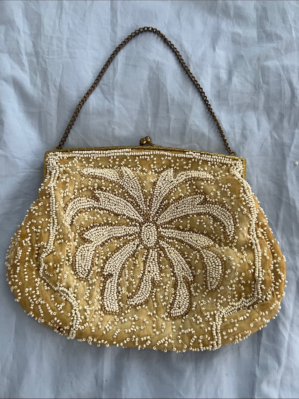 Gold Beaded Evening Clutch with Ivory Seed-Bead Design